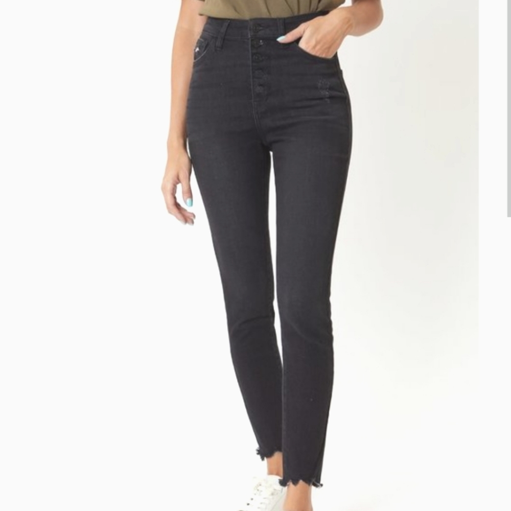 Kancan 29 Exposed Button Fly High Rise Distressed Black Skinny jean